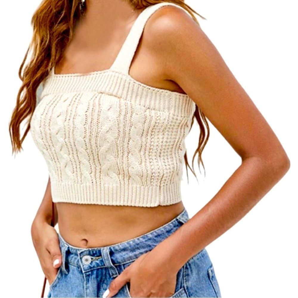 Takara Crop Tank Sweater Top Cable Knit Cream Size S